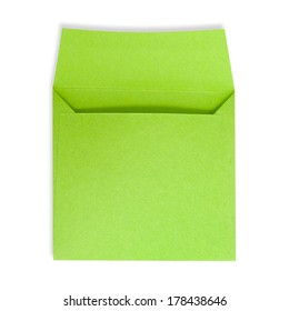 Square Green Envelope Open On A White Background With Clipping Path.