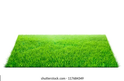 Square of green grass field over white background