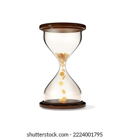 Square illustration of hourglass with falling gold coins isolated on white background. Glass clock, finance success, patience, business capital increasing Realistic 3d render. - Powered by Shutterstock