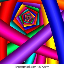 Square illustration of a pentagon in brilliant colors spiraling downward to infinity.