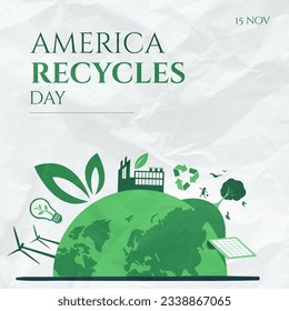 Square image of america recycles day text and environmental globe logo in green on white. American awareness celebration, ecology and recycling concept digitally generated image. - Shutterstock ID 2338867065