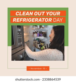 Square image of clean out refrigerator day text, with smiling caucasian woman opening fridge. Awareness celebration, domestic life, health and cleanliness concept digitally generated image. - Powered by Shutterstock