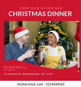 Square Image Of Diverse Family Having Christmas Dinner And Christmas Dinner Text. Christmas Dinner Campaign.