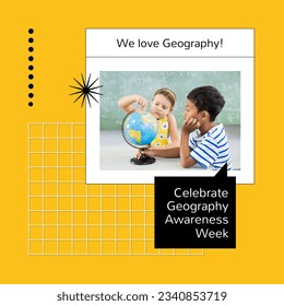 Square image of geography awareness week text and diverse boy and girl using globe, on yellow. American awareness celebration, geography, education and learning concept digitally generated image. - Powered by Shutterstock