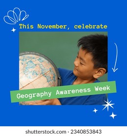 Square image of geography awareness week text with asian boy using globe, on blue background. American awareness celebration, geography, education and learning concept digitally generated image. - Powered by Shutterstock