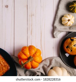 Square Image Of The Harvest Season. Pumpkins On The Wooden Background. Cozy Fall Backdrop. Trendy Fall Picture. Thanksgiving Vibes.