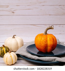 Square Image Of The Harvest Season. Pumpkins On The Wooden Background. Cozy Fall Backdrop. Trendy Fall Picture. Thanksgiving Vibes.