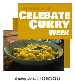 Square image of national curry week text with a plate of curry rice. National curry week campaign. - Powered by Shutterstock