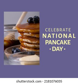 Square image of pancake day text and pancakes with berries over purple background. National pancake day concept. - Powered by Shutterstock