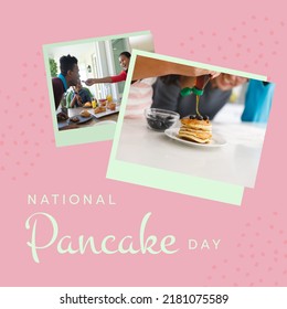 Square image of pancake text with happy african american family eating pancakes. National pancake day concept. - Powered by Shutterstock