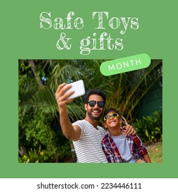 Square image of safe gifts and toys text with biracial father and son picture over green background. Save gifts and toys campaign. - Powered by Shutterstock