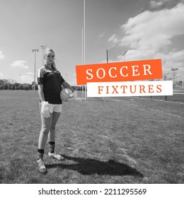 Square image of soccer fixtures over caucasian female player in black and white. Soccer, training, competition and sport concept. - Powered by Shutterstock