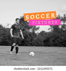 Square image of soccer fixtures over caucasian male players in black and white. Soccer, training, competition and sport concept. - Powered by Shutterstock