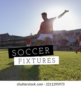 Square image of soccer fixtures over caucasian male players during training. Soccer, training, competition and sport concept. - Powered by Shutterstock