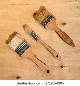 Square Image Of Three Wooden Vintage Brushes Lined Up Against Wooden Plywood Background. Tools For DIY Painting Project