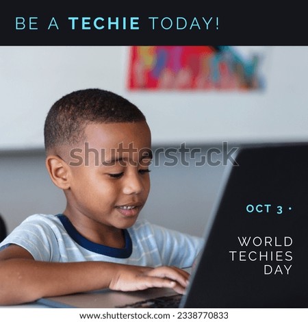 Square image of world techies day text with african american boy using laptop. World techies day campaign.
