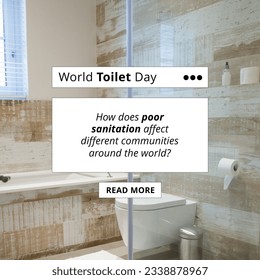 Square image of world toilet day and sanitation text over toilet in brown tiled bathroom. World toilet day, global sanitation crisis awareness concept digitally generated image. - Powered by Shutterstock