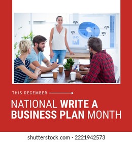 Square image of write a business plan month text business people picture over red background. National write a business plan month campaign. - Powered by Shutterstock