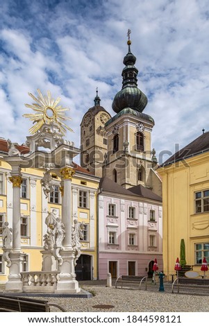 Square in Krems on the Danube with view of st. Nikolaus church and Frauenbergkirche, Austria
