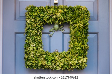 Square Leafy Wreath On A Blue Door