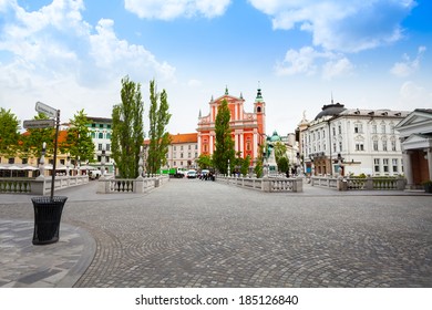 Square In Ljubljana Downtown Over The Triple Bridge