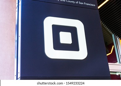 Square logo at headquarters. Square, Inc. is a financial services, merchant services aggregator, and mobile payment company - San Francisco, California, USA - October, 2019