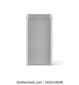 Square Metal Tin Can Box With Lid Isolated On White Background. Packaging Template Mockup Collection. Stand-up Front Side View Package.