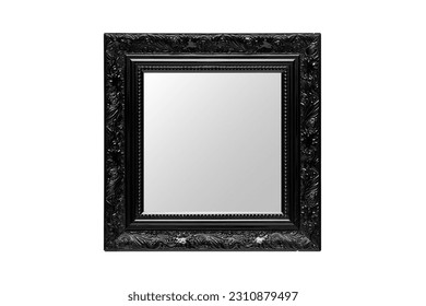 Square mirror reflection with ornate black frame, isolated over white background. Classic style, layout decoration. Social media format. Interior design, front view. Frame border blank inside. - Shutterstock ID 2310879497