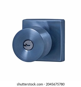 Square Navy Blue Brushed Metal Door Knob, Handle. Furniture For Doorways. Black Decorative Element Isolated On White Background With Clipping Path. Series Of Furniture