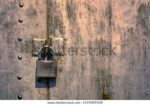Square Padlock On Steel Door Painted Stock Photo Edit Now 1419009428