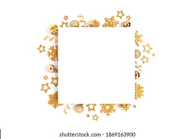 Square Paper Card Mockup With Frame Made Of Golden Christmas Decorations And Confetti. Festive Template On A White Background.
