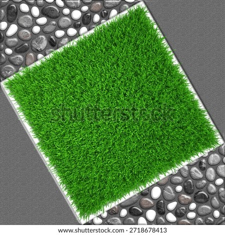 A square patch of green artificial turf on a gray background surrounded by small stones
