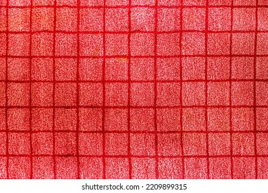 Square Pattern On Red Carpet Vintage Old. Regular Squares With Pink And Dark Red. 