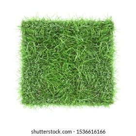 Square Piece Of Green Grass Field Isolated On White Top View.