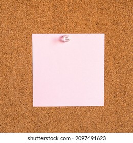 Square Pink Blank Note Paper Pinned To Corkboard Closeup