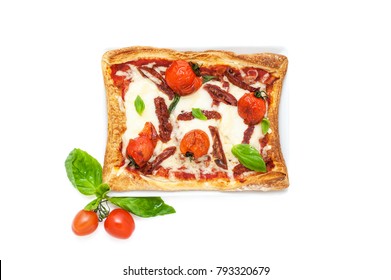 Square Pizza In A Country Style With Dried Tomatoes, Mozzarela And Basil On A White Background. Isolated.
