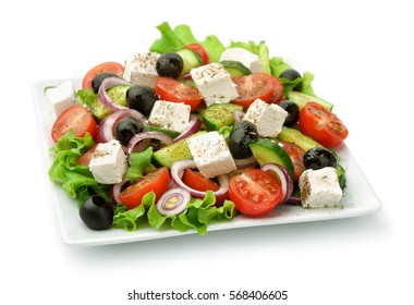 Square Plate Of Greek Salad Isolated On White