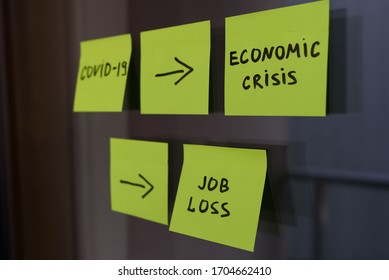 Square Post It Notes Explaining The Effect Of Covid 19 Coronavirus On Economic Crisis And Recession, And On Unemployment, Job Loss And Economic Situation