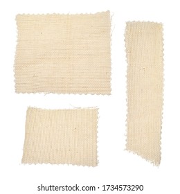 Square, rectangular long pieces of canvas, cut burlap fabric, patch for clothes, dry garbage, scraps of fabric, background for text from fabric isolated on a white background.