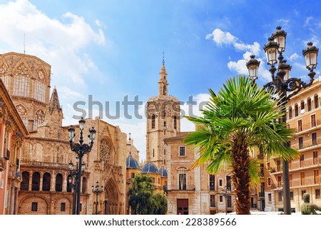 Square of Saint Mary's and Valencia  Cathedral Temple in old town.Spain .