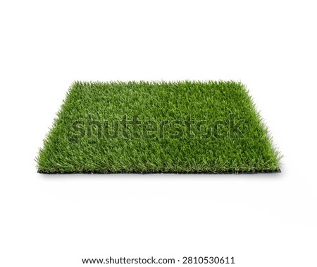 A square sample piece of green artificial grass carpet isolated on a clean white background.