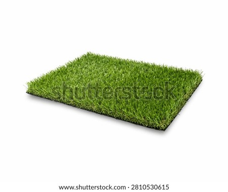 A square sample piece of green artificial grass carpet isolated on a clean white background.