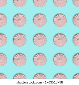 Square Seamless Blue Background With Beauty Pink Marshmellow - Zephyr ( Top View ),  Food Minimalism Concept