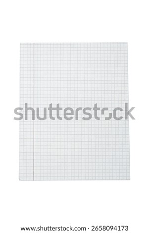 Square sheet of graph paper with blue grid and red margin is isolated.