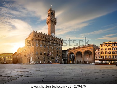 Square of Signoria in Florence at sunrise, Italy.