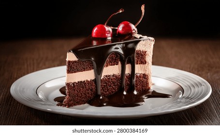 Square slice of Black Forest cake with chocolate sauce drip and cherries