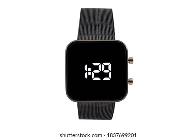 Square smartwatch with black mesh style strap, black dial face and digital numerals, isolated on white background.