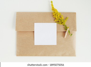 Square Sticker Mockup, Product Or Gift Sticker, Brown Kraft Paper Package With Thank You Card, Square Label Mock Up.	