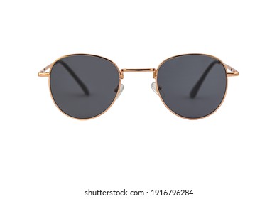Square sunglasses and round bottom  black clear lenses   thin golden wrap around frames isolated white background  Front view 
