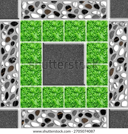 A square tile design features grass, pebbles, and gray stone.